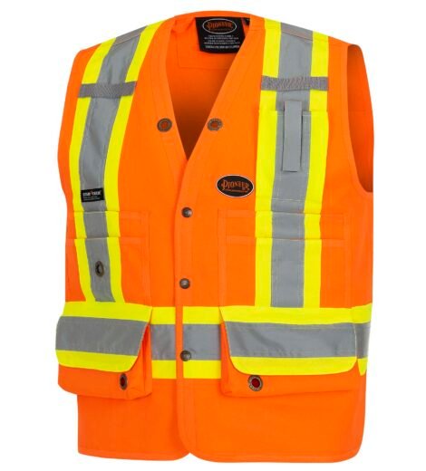 Pioneer Hi-Vis 150D Poly Twill Surveyor's Safety Vest - Snap Closure - Hi-Vis Orange