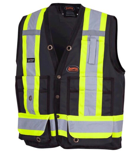 Pioneer Hi-Vis 150D Poly Twill Surveyor's Safety Vest - Snap Closure - Black