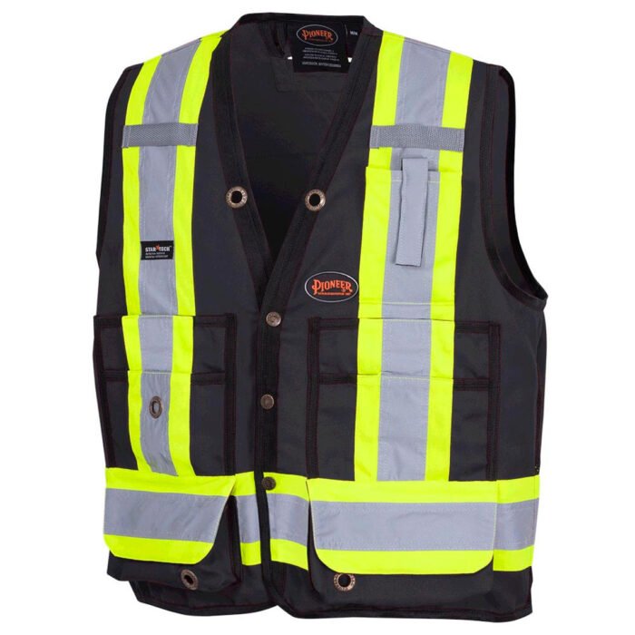 Hi-Vis 150D Poly Twill Surveyor's Safety Vest - Snap Closure - Black Model # : 6692BK SKU: V1010170-L